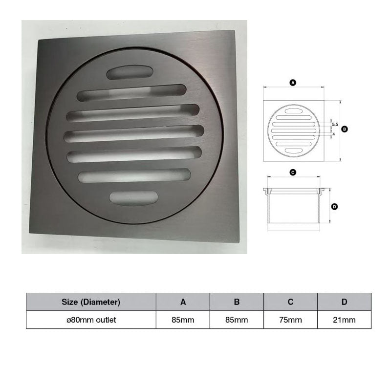 Brushed Gunmetal Square Floor Grate (Watermarked) 80mm Dia Outlet 85 x 85mm
