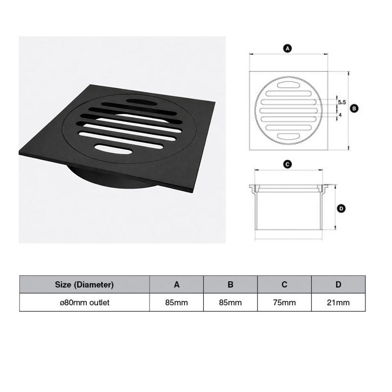 Matte Black Square Floor Grate (Watermarked) 80mm Dia Outlet 85 x 85mm