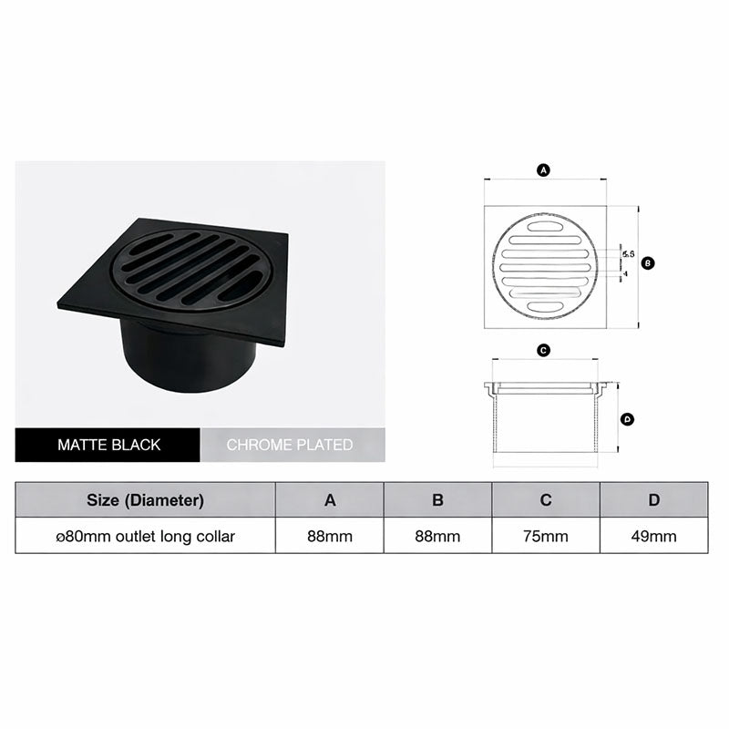 Matte Black Square Floor Grate (Watermarked) - 80mm Dia Outlet - Long Collar 88 x 88mm