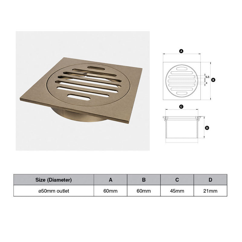 Antique Brass Square Floor Grate (Watermarked) 50mm Dia Outlet 60 x 60mm