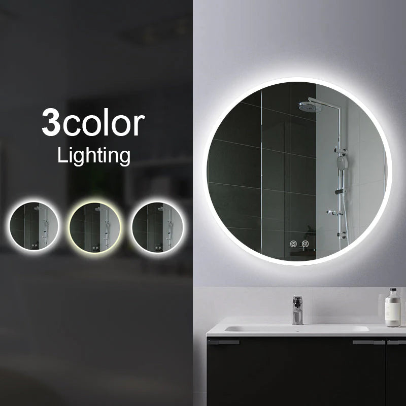 750mm Round 3 Color Lighting Acrylic Rim LED Mirror. Touch Sensor Switch Defogger Pad Wall Mounted