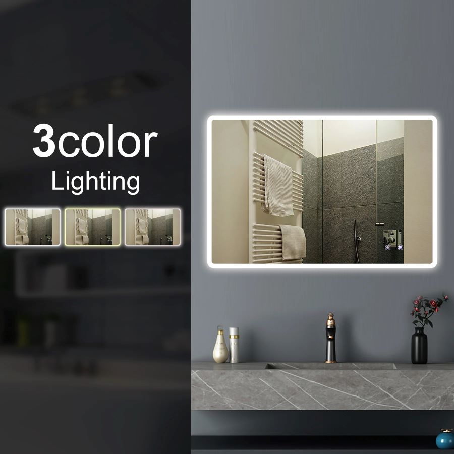 Sharp Edge 3 Color Lighting Backlit Acrylic LED Mirror Touch Sensor Switch Defogger Pad Wall Mounted Vertical or Horizontal 1200x800mm