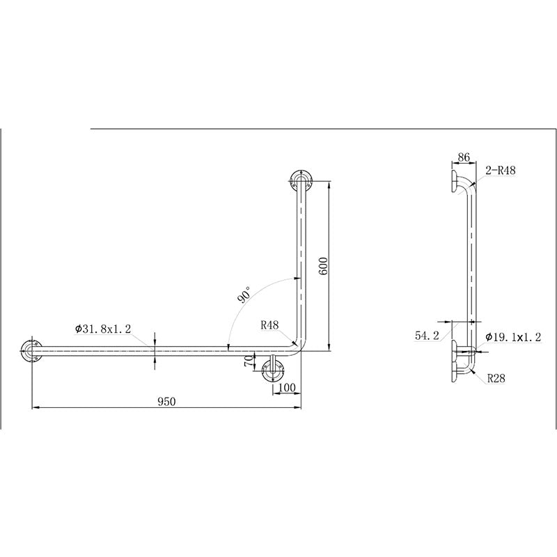 MOBI CARE Grab Rail in Stainless Steel 950x600mm - Left Hand