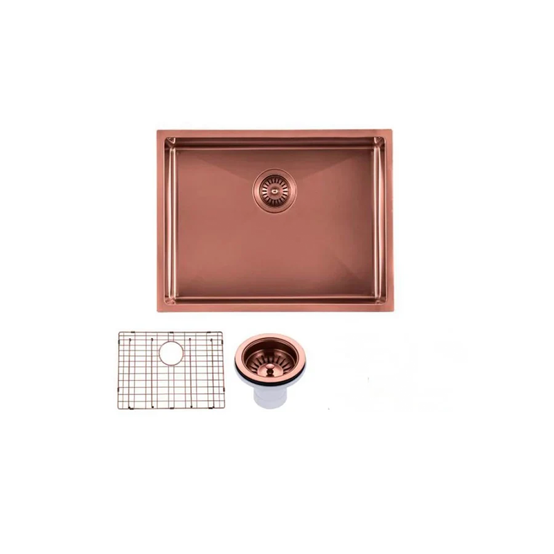 304 Stainless Steel Satin Single Bowl Kitchen Sink(Round Edges,with Bottom Tray) Rose Gold 600x450x300mm