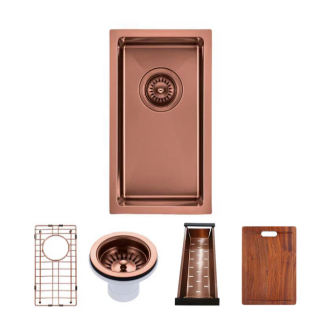 304 Stainless Steel Satin Single Bowl Kitchen Sink(Round Edges,with Bottom Tray) Rose Gold 250x450x215mm