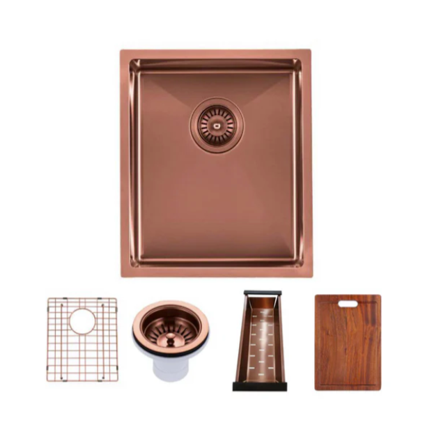 304 Stainless Steel Satin Single Bowl Kitchen Sink(Round Edges,with Bottom Tray) Rose Gold 390x450x215mm
