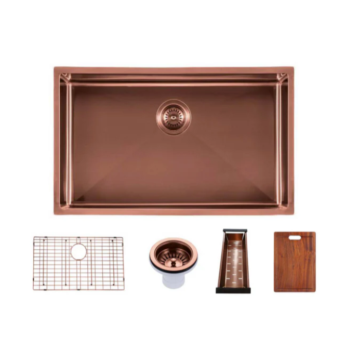 304 Stainless Steel Satin Single Bowl Kitchen Sink(Round Edges,with Bottom Tray) Rose Gold 762x457x254mm