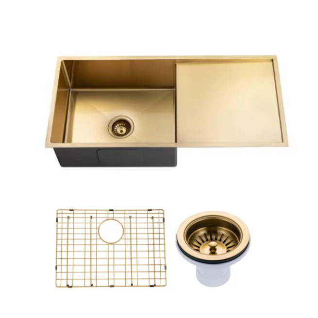 304 Stainless Steel PVD Coating Single Bowl Kitchen Sink(Round Edges) Brushed Gold 960x450x230mm
