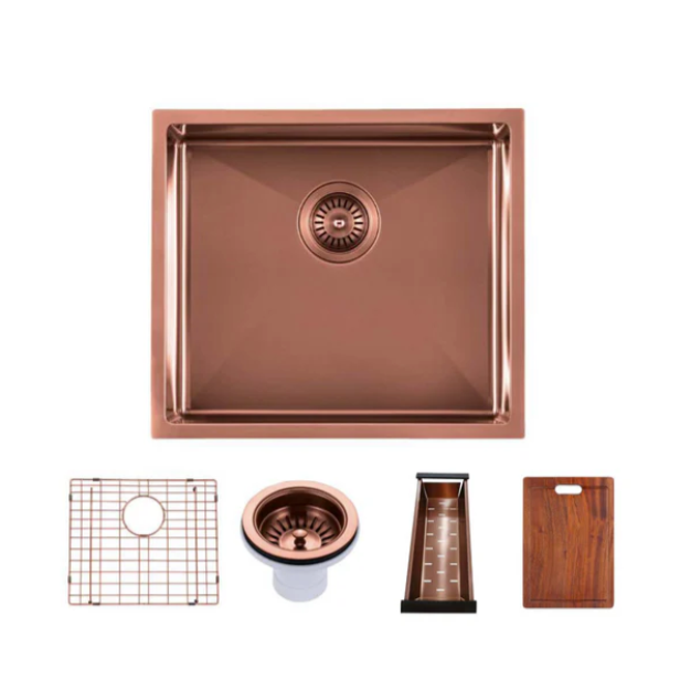 304 Stainless Steel Satin Single Bowl Kitchen Sink(Round Edges,with Bottom Tray) Rose Gold 510x450x230mm