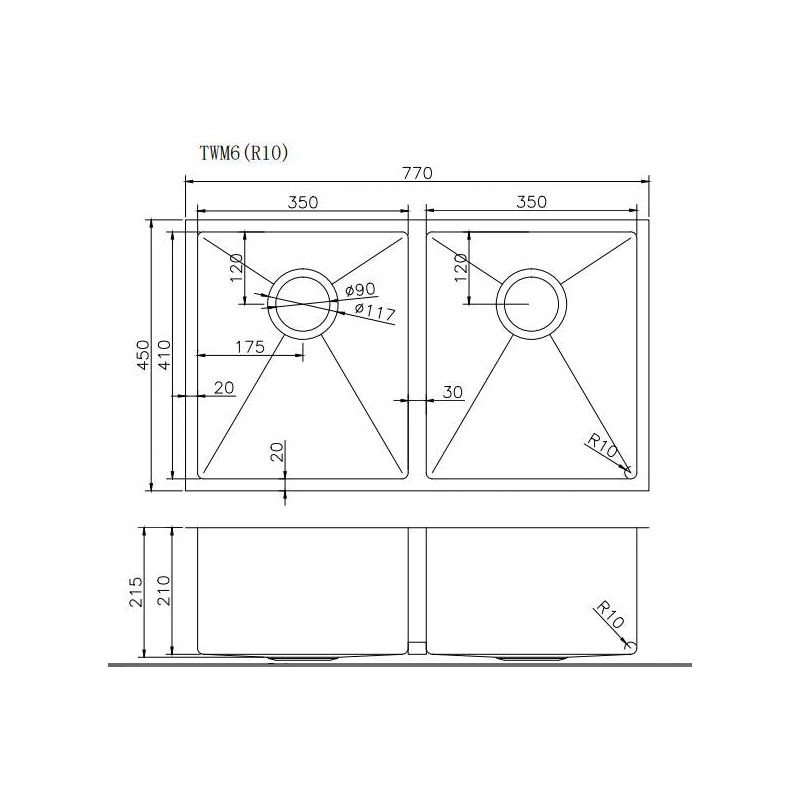 304 Stainless Steel Hand-made Single Bowl Kitchen Sink(Round Edges) Chrome 770x450x215mm