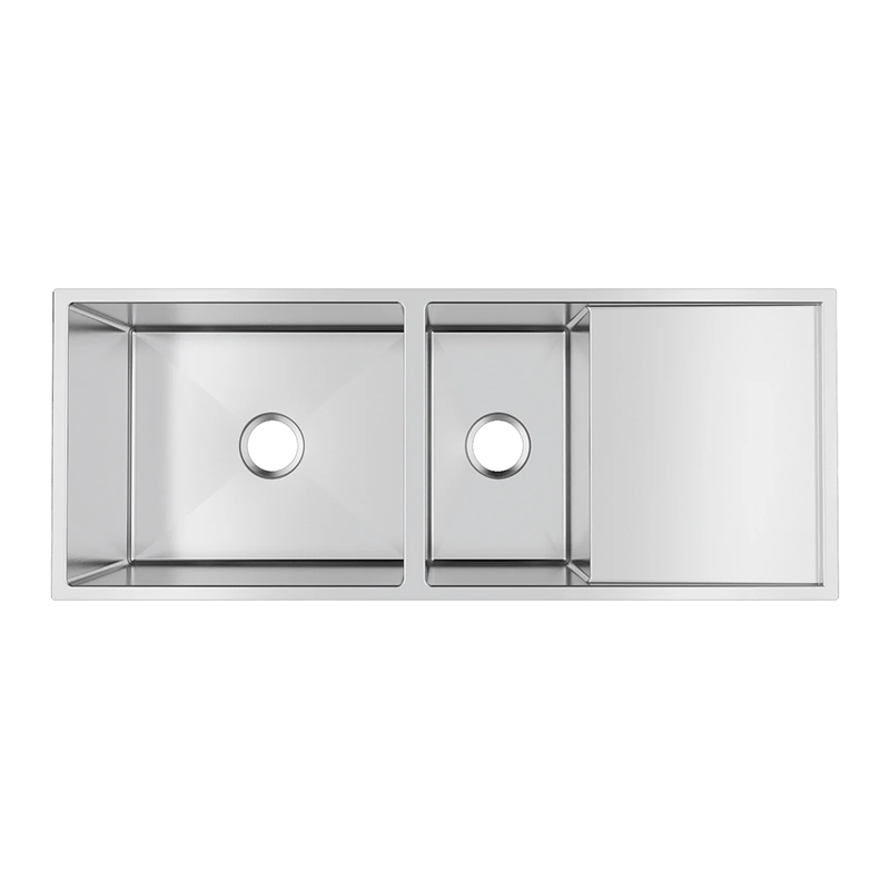 305 Stainless Steel Hand-made Double Bowl Kitchen Sink(Round Edges) (with Drainer) Chrome 1160x460x230mm