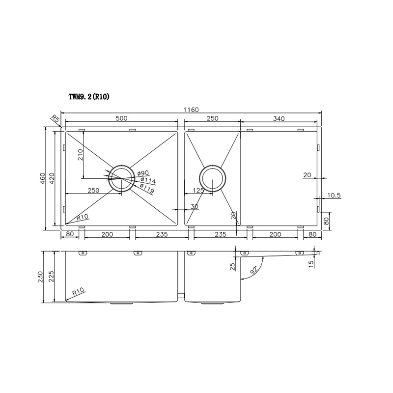 305 Stainless Steel Hand-made Double Bowl Kitchen Sink(Round Edges) (with Drainer) Chrome 1160x460x230mm