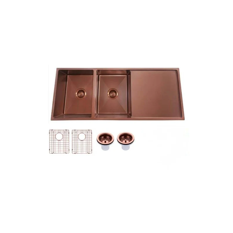 304 Stainless Steel PVD Coating Double Bowl Kitchen Sink(Round Edges) (with Drainer) Rose Gold 1160x460x230mm