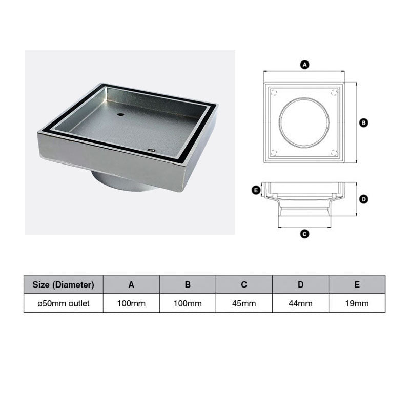 Brushed Nickel Tile Insert Drain (Watermarked) 50mm Dia outlet 100 x 100mm