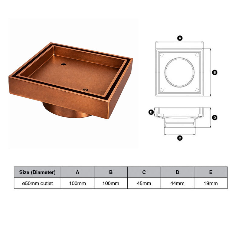 Brushed Copper Tile Insert Drain (Watermarked) 50mm Dia outlet 100 x 100mm