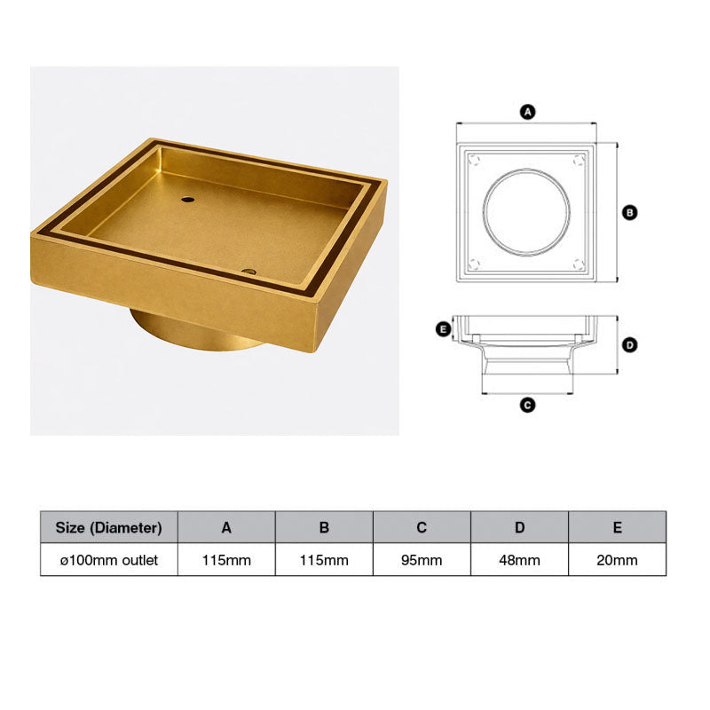 Matte Gold Tile Insert Drain (Watermarked) 100mm Dia Outlet 115 x 115mm