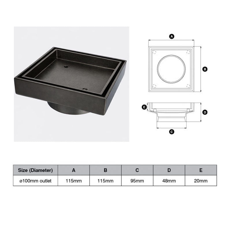 Brushed Gunmetal Tile Insert Drain (Watermarked) 100mm Dia Outlet 115 x 115mm