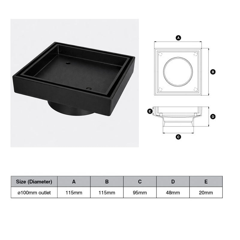 Matte Black Tile Insert Drain (Watermarked) 100mm Dia Outlet 115 x 115mm