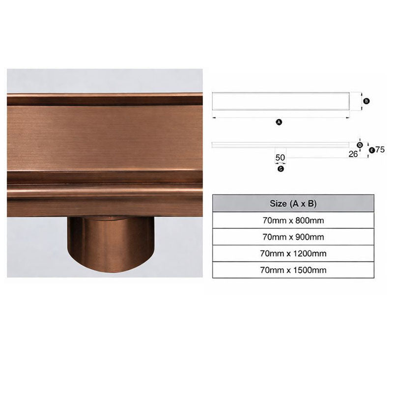 317 Stainless Steel Grate - Tile Insert Profile 50m, Dia Outlet, Stainless Steel Filter, Watermarked - Brushed Copper Finish 70mm x 800mm