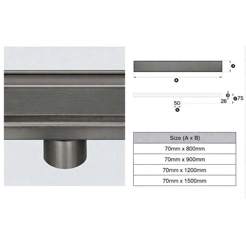 318 Stainless Steel Grate - Tile Insert Profile 50m, Dia Outlet, Stainless Steel Filter, Watermarked - Brushed Gunmetal Finish 70mm x 800mm