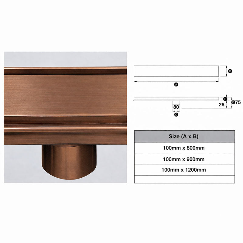 317 Stainless Steel Grate - Tile Insert Profile 76mm Dia Outlet, Stainless Steel Filter, Watermarked - Brushed Copper Finish 100mm x 900mm