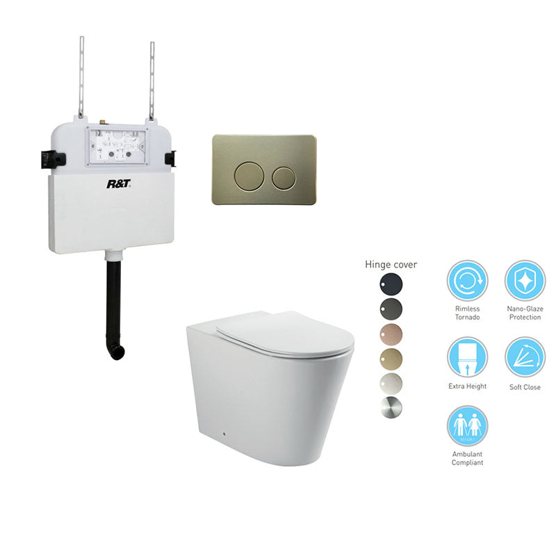 BELLA Rimless In Wall Cistern Toilet Suite Brushed Brass Round Button