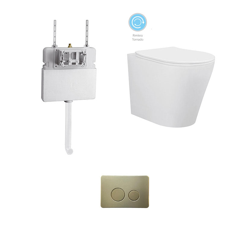 BRAVO Rimless In Wall Cistern Toilet Suite Brushed Brass Round Button