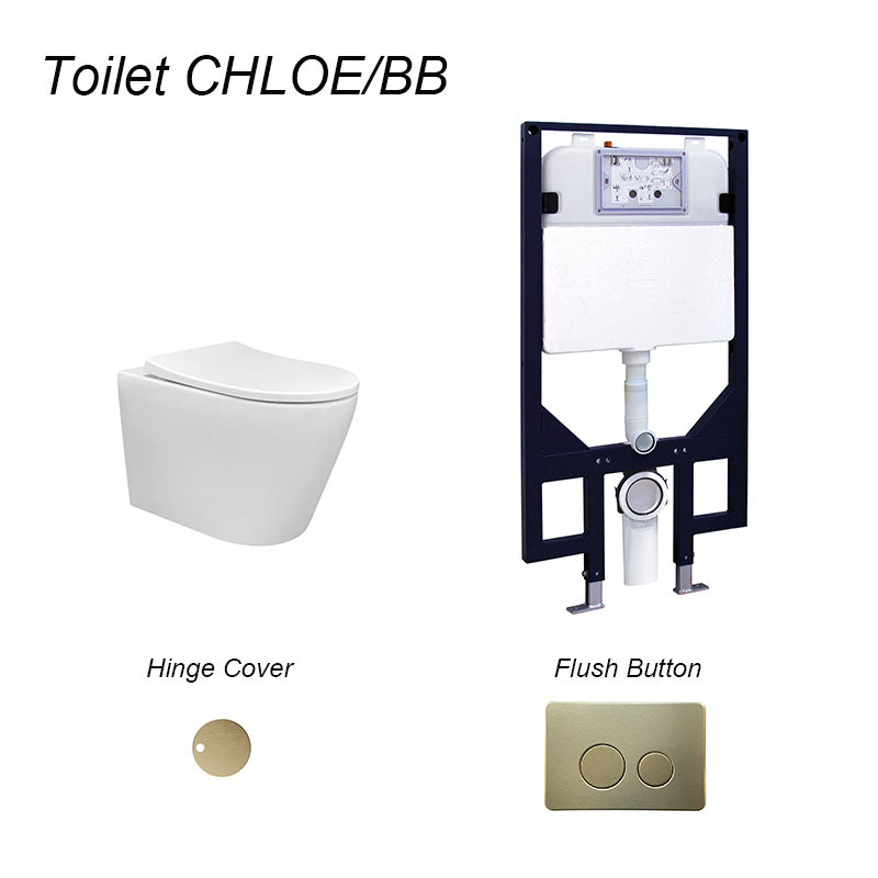 CHLOE Rimless In Wall Cistern Toilet Suite Wall Hung Pan R&T Cistern Brushed Brass Round Button