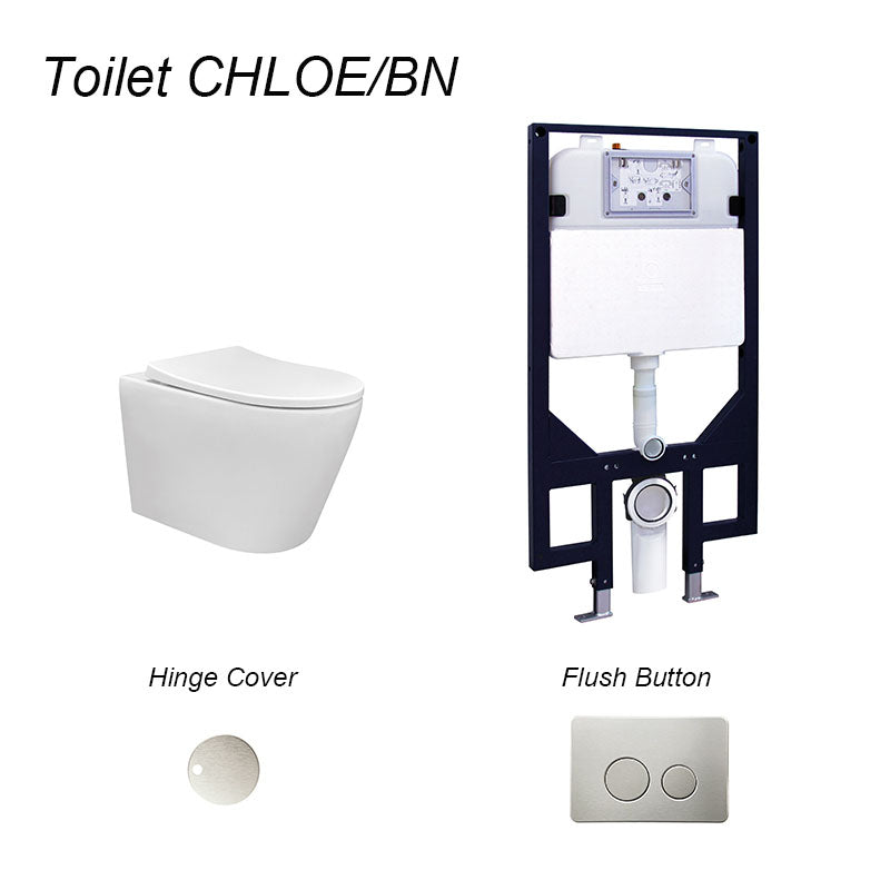 CHLOE Rimless In Wall Cistern Toilet Suite Wall Hung Pan R&T Cistern Brushed Nickel Round Button