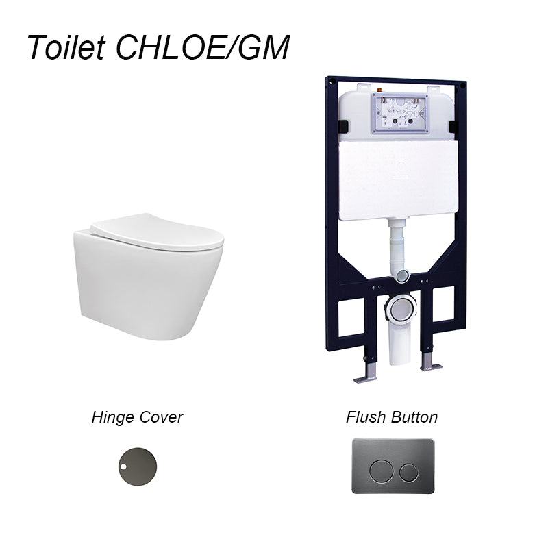 CHLOE Rimless In Wall Cistern Toilet Suite Wall Hung Pan R&T Cistern Gun Metal Round Button
