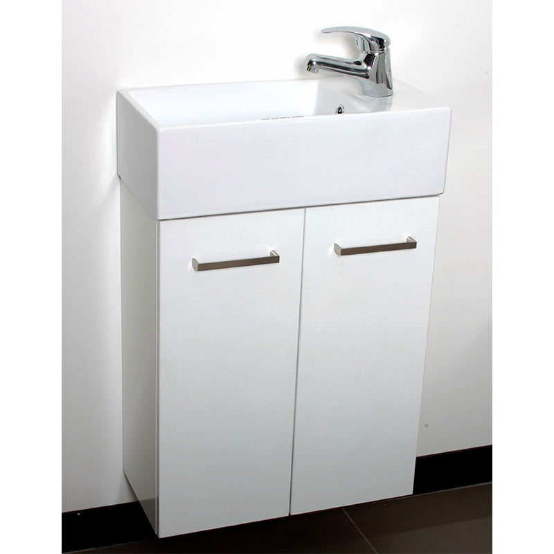 TINY 500 Wall Hung Vanity Ceramic Top 1 Taphole 2 Soft Close Doors White Gloss Finish Reversible Ceramic Top 490x245x720mm