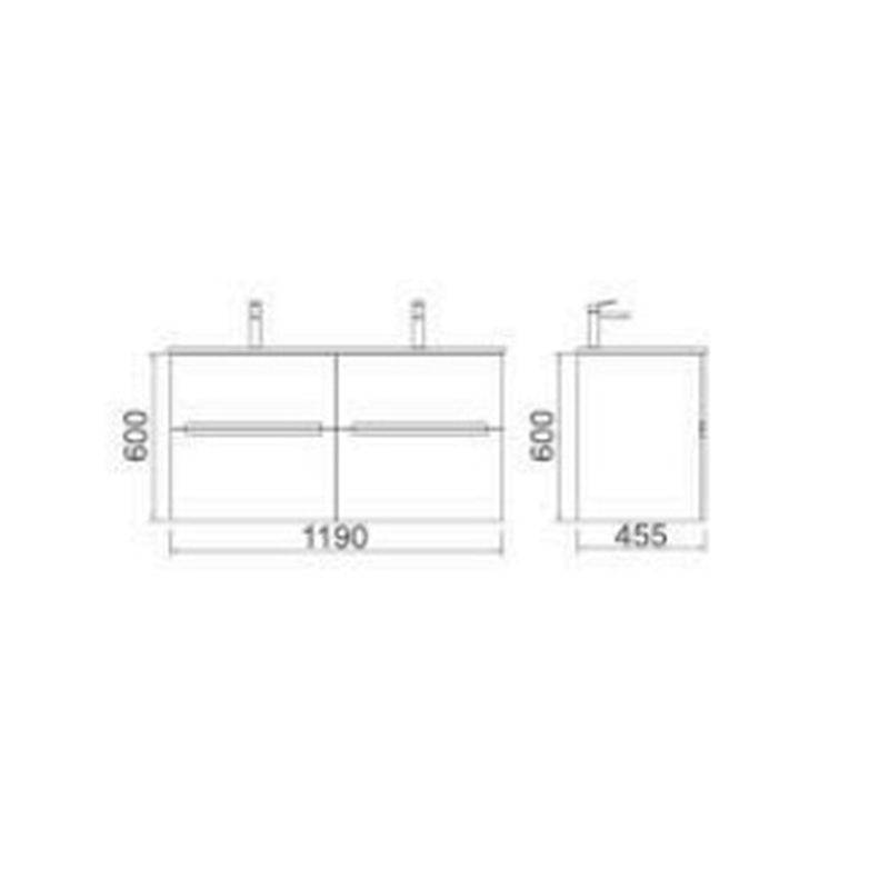 BELLA 1200 Wall Hung Vanity with Double Bowl Ceramic Top 1 Tap Hole 2 Soft Closing Drawers White Gloss Finish 1190x455x600mm