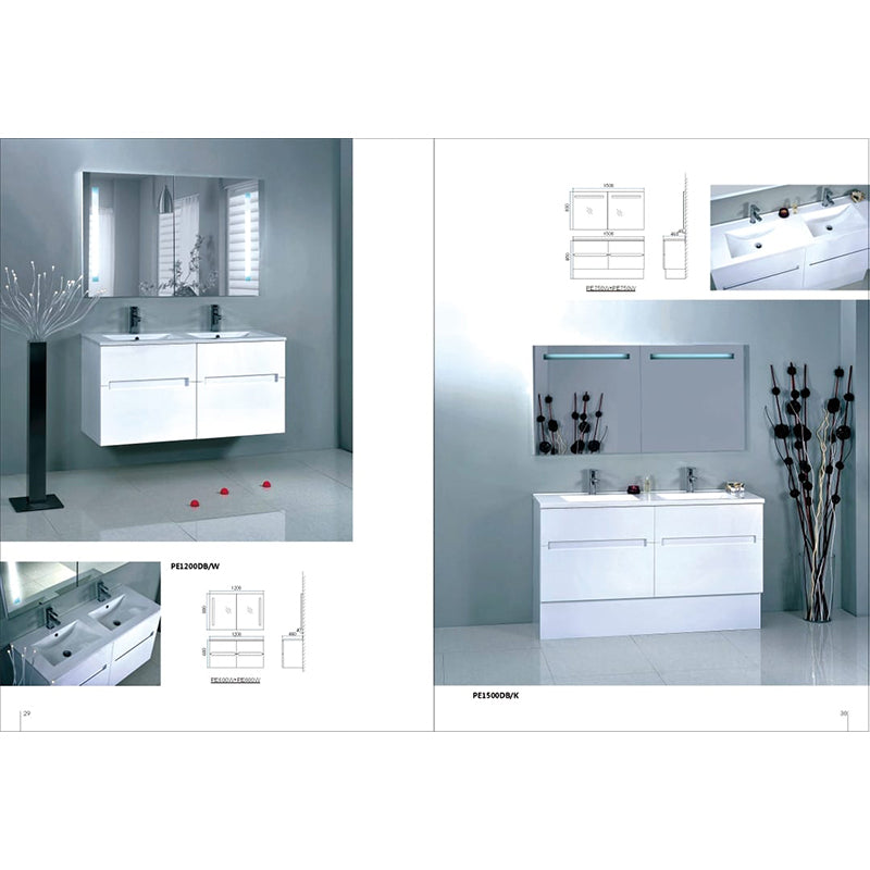 BELLA 1500 Wall Hung Vanity with Double Bowl Ceramic Top 1 Tap Hole 2 Soft Closing Drawers White Gloss Finish 1490x455x600mm