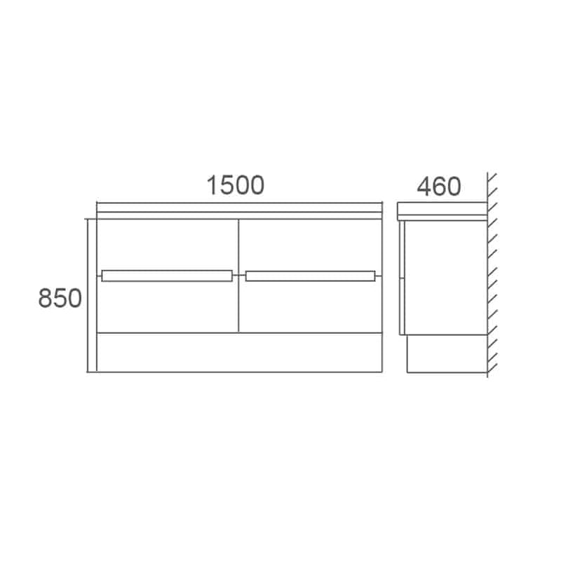 BELLA 1500 Wall Hung Vanity with Double Bowl Ceramic Top 1 Tap Hole 2 Soft Closing Drawers White Gloss Finish 1490x455x600mm