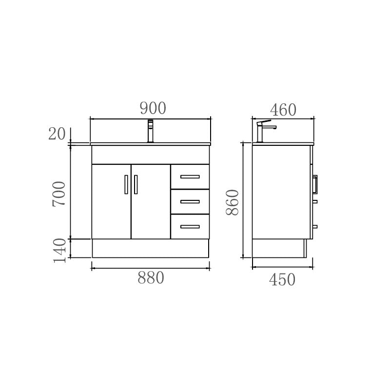 NOVO 900 Solid Door Vanity with Ceramic Top 880x860x450mm