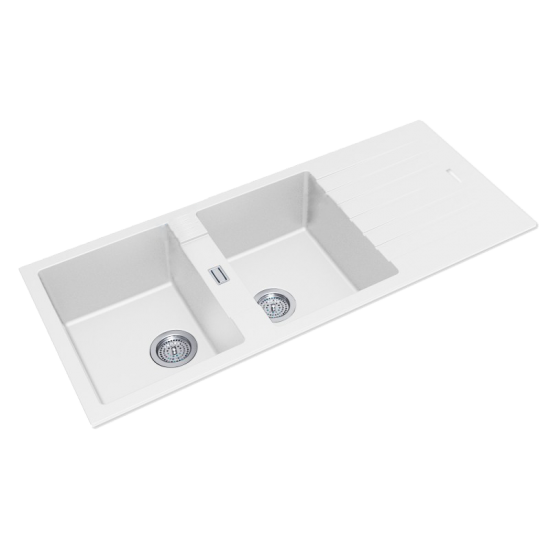 Granite Quartz Stone Kitchen Sink Double Bowls Drainboard Top/Undermount White 1160x500x200mm