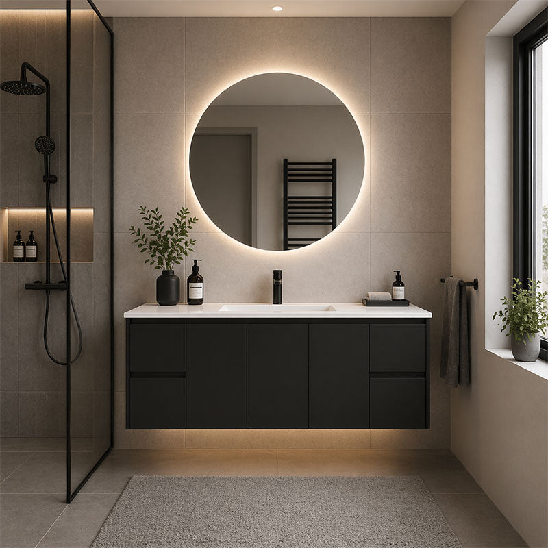 Moddoo(Hung) Series Single Bowl Matt Black Overall 1480x455x520mm Vanity Set With Flat Stone Bench Top