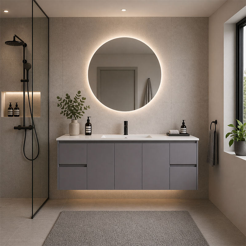 Moddoo(Hung) Series Single Bowl Matt Grey Overall 1480x455x520mm Vanity Set With Ceramic Slimline Top (UV31)