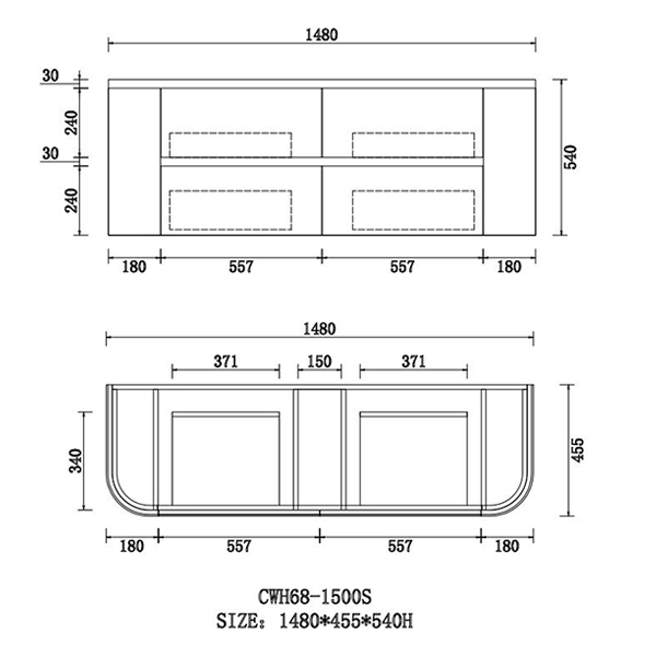 Bristol Series Wall Hung Single Bowl Matt White 1480x455x540mm Vanity with Stone Top & Ceramic Undermount Basin