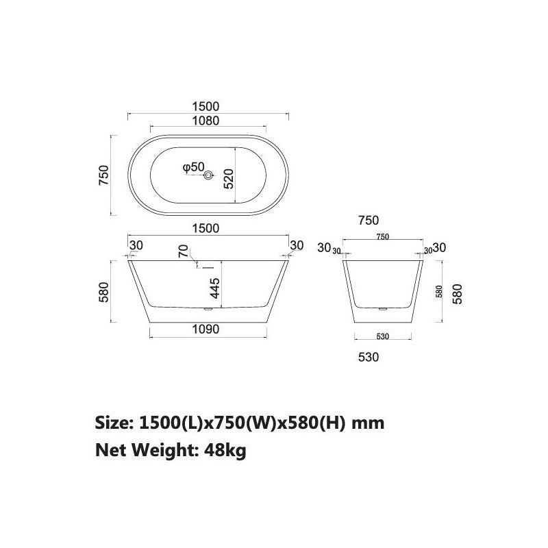 Charming Freestanding Bathtub O/F 1500x750x580mm