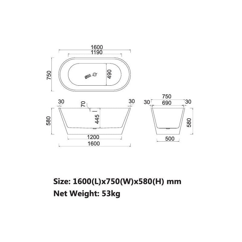 Charming Freestanding Bathtub O/F 1600x750x580mm