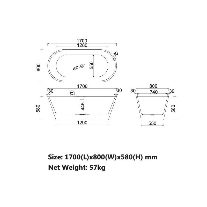 Charming Freestanding Bathtub O/F 1700x800x580mm