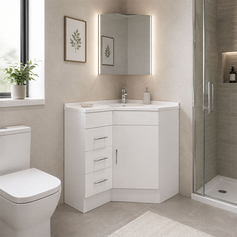 Corner Series (PC60) Gloss White 880x580x820mm Back to Corner Vanity with Stone Top & Ceramic Undermount Basin