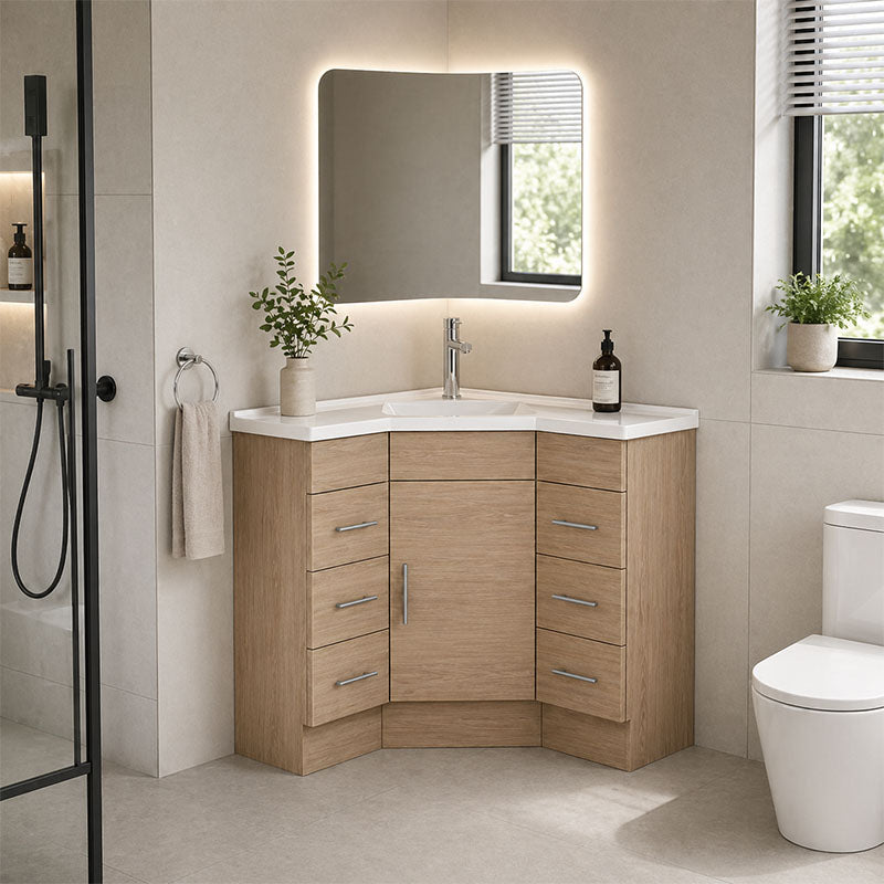 Corner Series (PC60) Natural Timber 880x880x820mm Back to Corner Vanity with Poly Marble Top (CN)