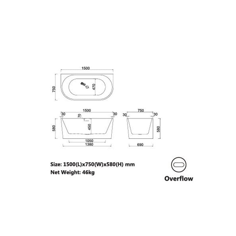 Hannah Freestanding Bathtub - Back To Wall O/F 1500x750x580mm