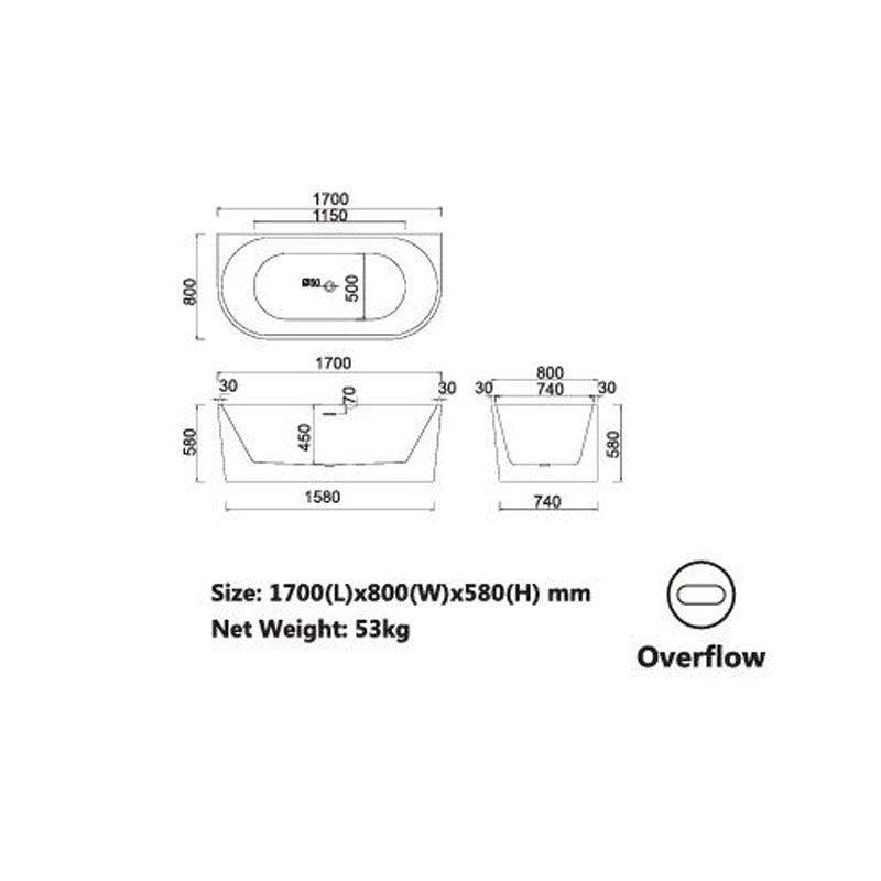 Hannah Freestanding Bathtub - Back To Wall O/F 1700x800x580mm