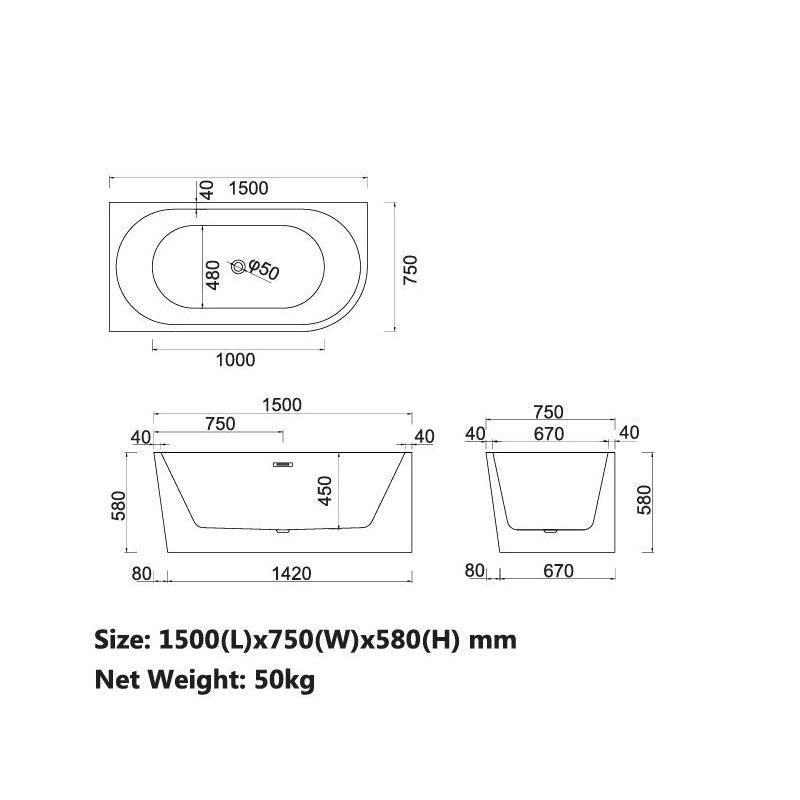 Harper Freestanding Bathtub Back To Corner (L/R) O/F 1500x750x580mm