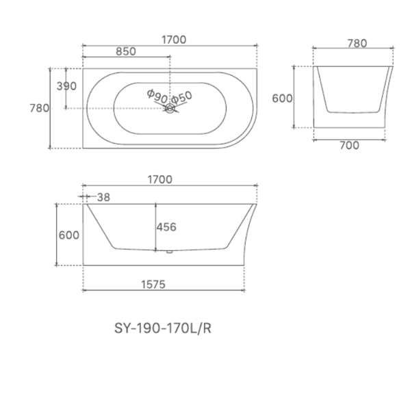 Harper Freestanding Bathtub Back To Corner (L/R) 1700x780x600mm