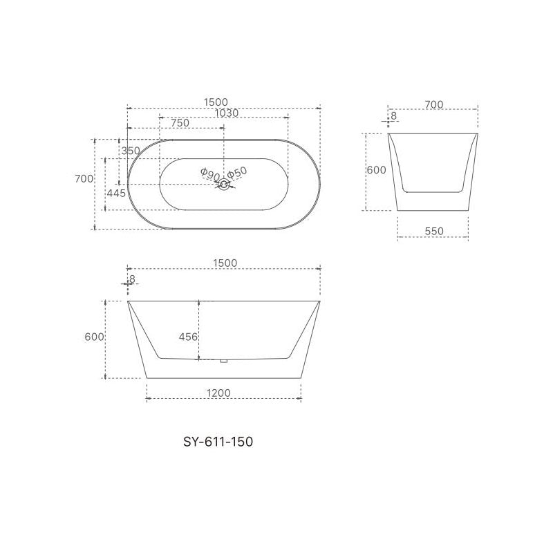 Olivia Freestanding Bathtub - 8mm Ultra Slim Rims 1500x700x600mm