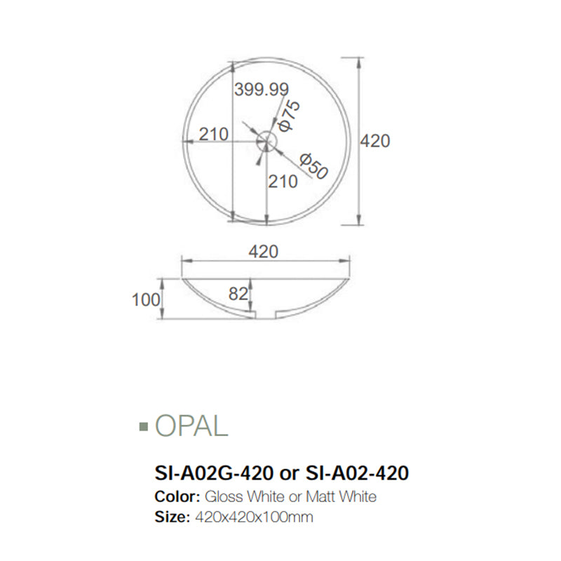 Solid Surface Basin Series Opal Above Counter Gloss White 420x420x100mm